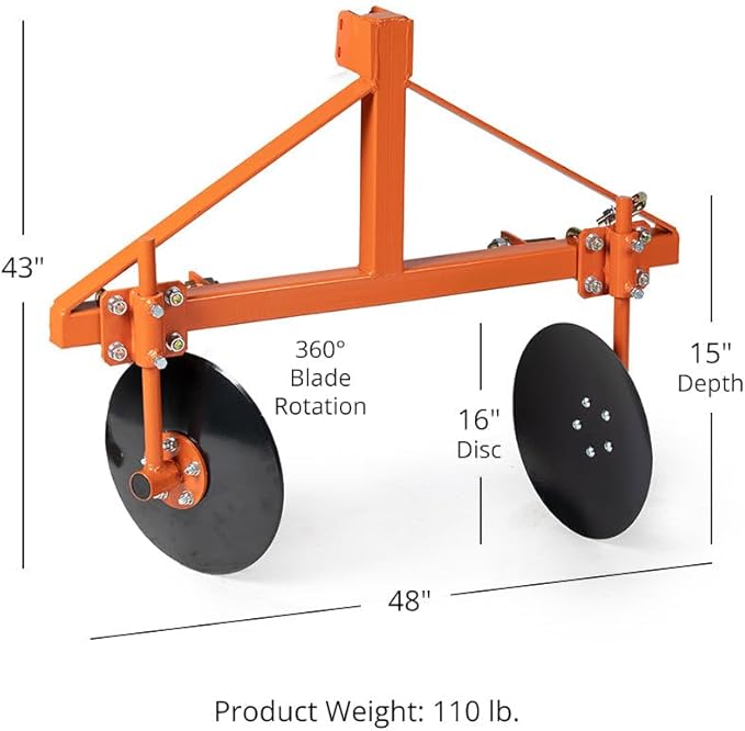 Titan Attachments 3 Point 48" Adjustable Disc Bedder Fits Cat 1 Tractors, Quick Hitch Compatible, Cultivator Garden Bedder and Hiller Attachment, 16" Disc Blades for Outdoor Field Work