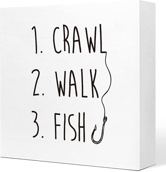 Crawl Walk Fish Rustic Wooden Sign Desk Decor,Funny Baby Fishing Wood Block Sign Desk Decorations for Home Bedroom Baby Room Desk Shelf Table Decor