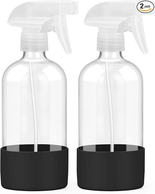 2 Pack Glass Spray Bottles with Silicone Sleeve, 16 oz Empty Refillable Containers with Adjustable Spray Nozzles, Spray Bottles for Hair, Cleaning Solutions and Plants Black