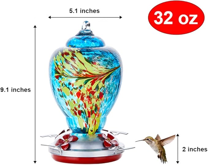 WOSIBO Hummingbird Feeder for Outdoors Patio Large 32 Ounces Colorful Hand Blown Glass Hummingbird Feeder with Ant Moat Hanging Hook, Rope, Brush and Service Card (Blue)