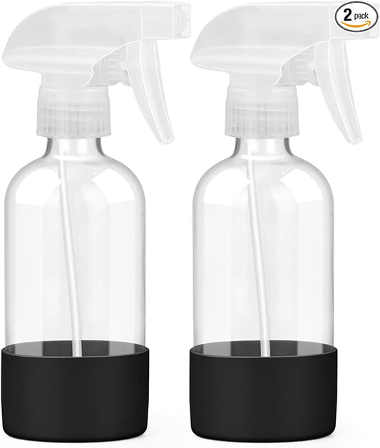 2 Pack Glass Spray Bottles 8 oz, Empty Refillable Containers with Silicone Sleeve Protection, Glass Spray Bottles for Cleaning Solutions, Hair and Plants with Adjustable Nozzles Black