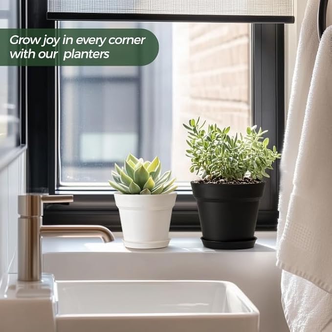 T4U 6 Inch Plant Pot 8-Pack, Plastic Planter with Drainage Hole and Saucer, Decorative Nursery Pots Bulk for African Violet, Snake Plant, Succulent, Herb and Plants Indoor (8 Pcs 6" Pots, Black)