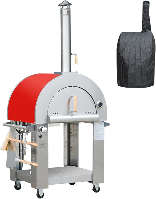 32.5 inch Propane Gas and Wood Fired Pizza Oven with Waterproof Cover, Large Stainless Steel Pizza Oven for Outdoor, Backyard and Party (Red)
