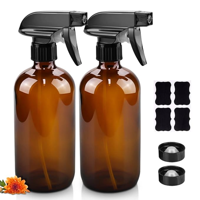 Glass Spray Bottles, 16oz Refillable Containers, Empty Boston Round Bottles with Labels & Adjustable Nozzle for Cleaning, Gardening, Aromatherapy, Pets, Plant, Hair -Amber (2 Pack)