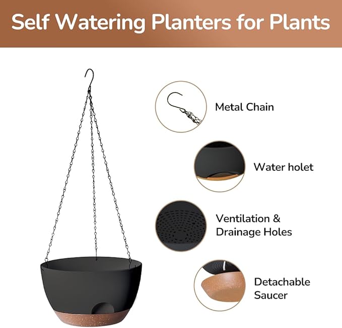 12 Inch Hanging Baskets for Plants Outdoor, Hanging Planters for Indoor Outdoor Plants, Hanging Planter with Self Watering, Hanging Flower Pots (Black)