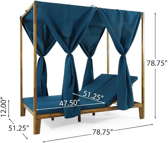 kevinplus Outdoor Patio Sunbed Daybed with Adjustable Reclining Chaise Lounge & Water-Resistant Canopy & Curtain, Solid Wood Construction, Blue