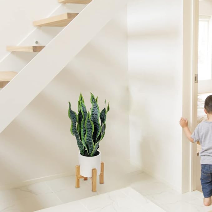 Hollyone Artificial Snake Plant Potted with Solid Wood Plant Stand, 19" Faux Sansevieria Tropical White Ceramic Pots Fake Plants for Home Office Indoor Decor Housewarming Gift