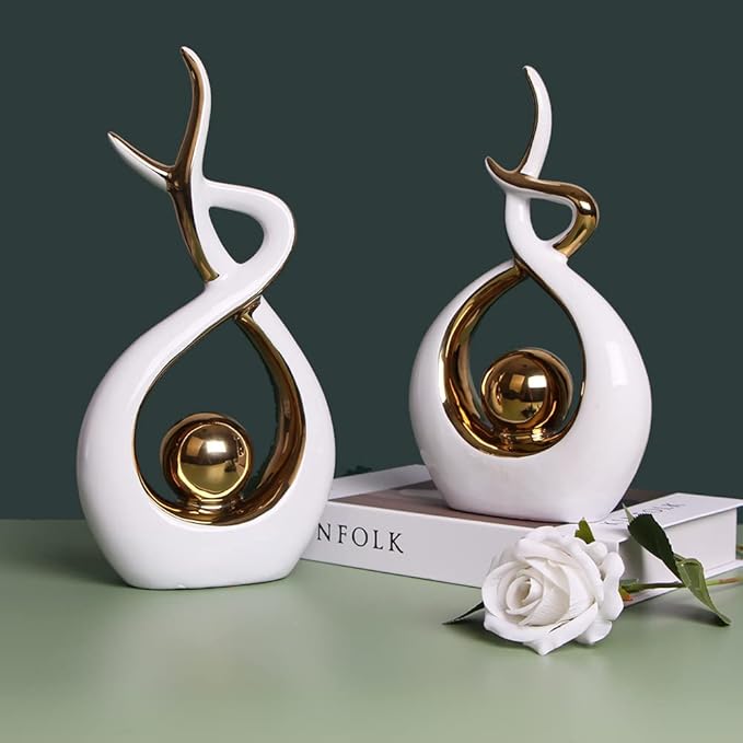 Norrclp Home Decor Modern Abstract Art Ceramic Statue Table Decorations for Dining Room Living Room Office Centerpiece (White and Gold, Large)