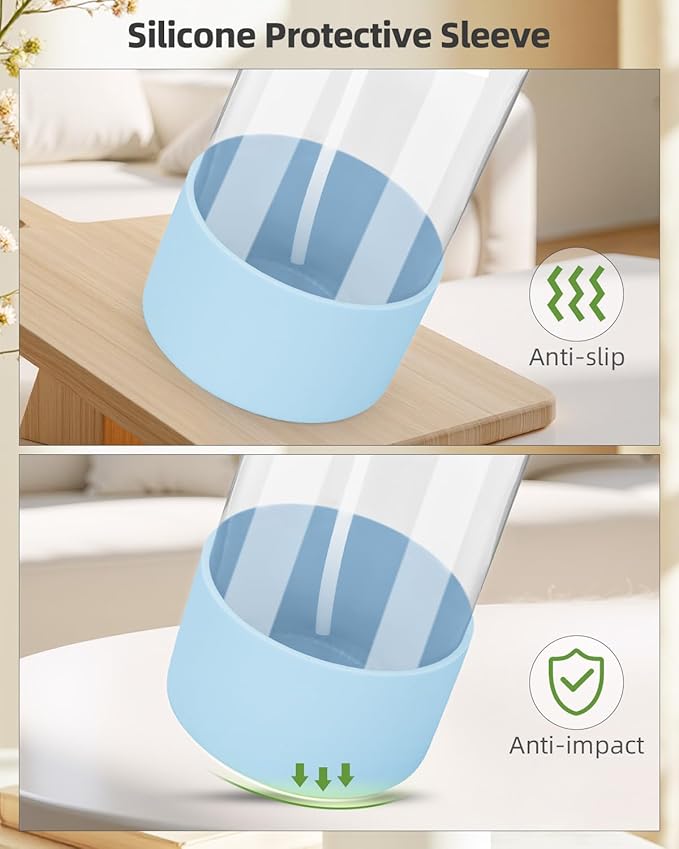 4 Pack Glass Spray Bottles 8 oz, Empty Refillable Containers with Silicone Sleeve Protection, Glass Spray Bottles for Cleaning Solutions, Hair and Plants with Adjustable Nozzles Blue&Grey