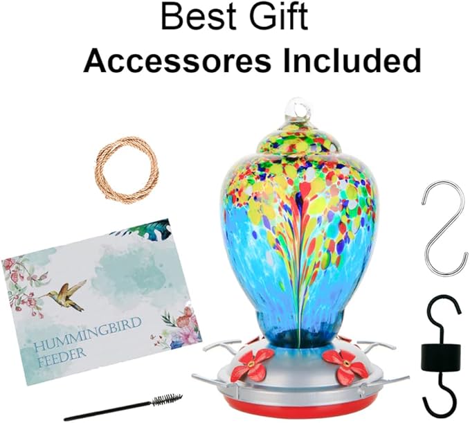 WOSIBO Hummingbird Feeder for Outdoors Patio Large 32 Ounces Colorful Hand Blown Glass Hummingbird Feeder with Ant Moat Hanging Hook, Rope, Brush and Service Card (Blue-White)