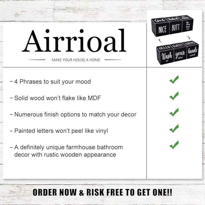 Farmhouse Black Bathroom Decor, 4-Sided Sign - Nice Butt&Get Naked&Hello Sweet Cheeks&Wash Your Hands Wooden Rustic Cute Funny Bathroom Decorations for Shelf Restroom, 2.8"