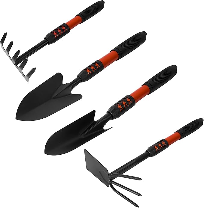 Luwint Gardening Tools Kit, Pack of 4 Garden Tool Set with Non-Slip Handle, Sturdy Classic Utility Tool Heavy Duty Steel Garden Tools with Long Ergonomic Handle for Maintaining Lawn Garden Vege