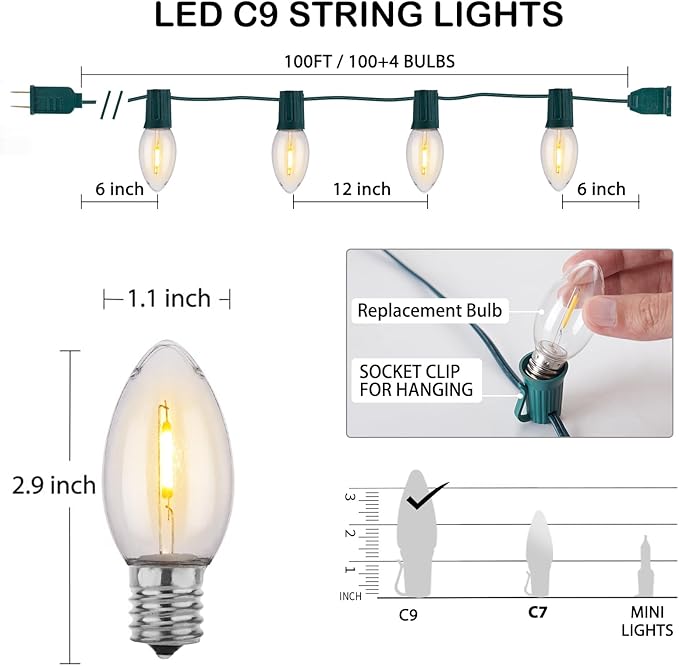 Vintage C9 LED Christmas Lights, 100 Feet C9 String Lights with 100 LED C9 Plastic Bulbs, Waterproof Connectable Lights for Christmas Tree Roofline Garden Patio Backyard Cafe Decor, Warm White