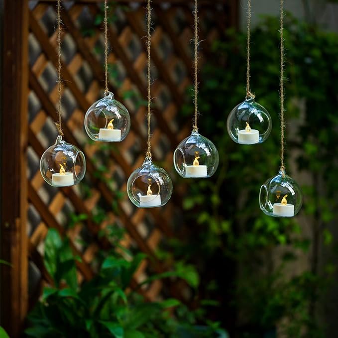 12 Pcs 3.15"/ 8cm Hanging Glass Tealight Holder Globe with LED Tealight, Plant Terrariums Glass Orbs Air Plants Tea Light Candle Holders Home Decor Indoor Outdoor Garden DIY Gifts (12 Pcs)