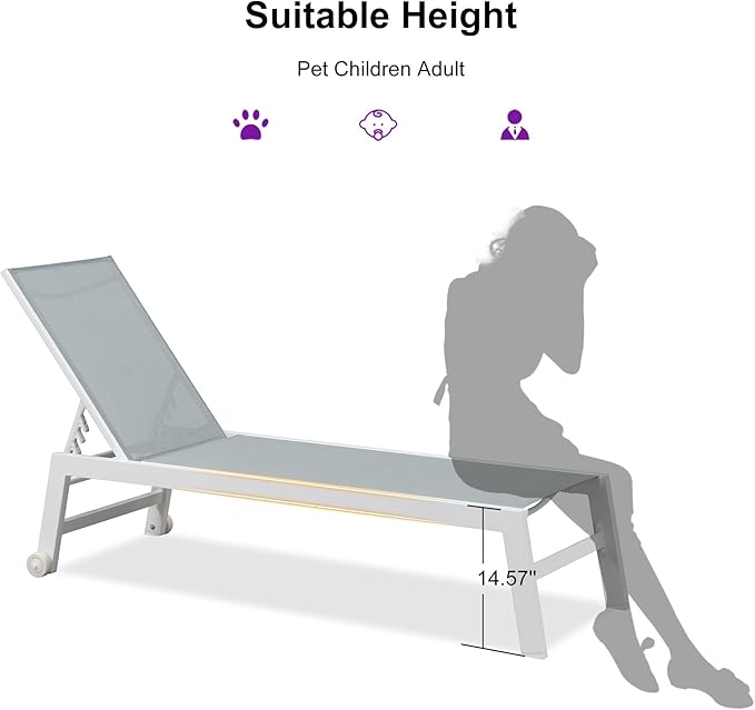 PURPLE LEAF Lounge Chair Outdoor Set of 4 White Aluminum Lounge Chairs with Wheels and Table Outdoor Chaise Lounge for Patio Pool Yard, Bluish-Gray