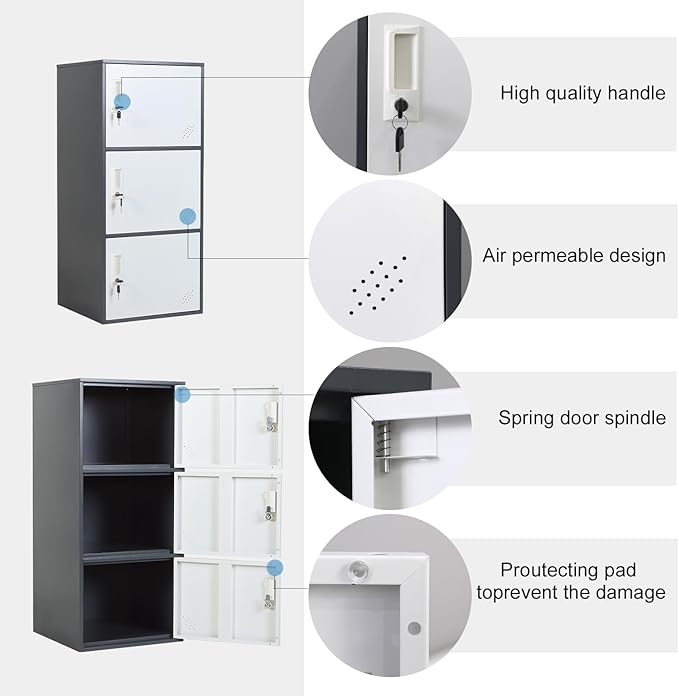3 Door Metal Vertical Storage Locker for School, Office, Home,Gym,Stackable Steel Storage Cabinet with Lock,Anti-Falling Device. (3 Door, Grey)