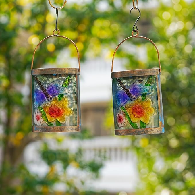 2 Pack Dragonfly Hanging Solar Lanterns Outdoor Waterproof Decorative Glass LED Solar Lantern for Tabletop Garden Patio Decor