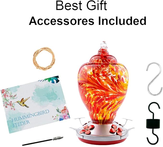 WOSIBO Hummingbird Feeder for Outdoors Patio Large 32 Ounces Colorful Hand Blown Glass Hummingbird Feeder with Ant Moat Hanging Hook, Rope, Brush and Service Card (RED)