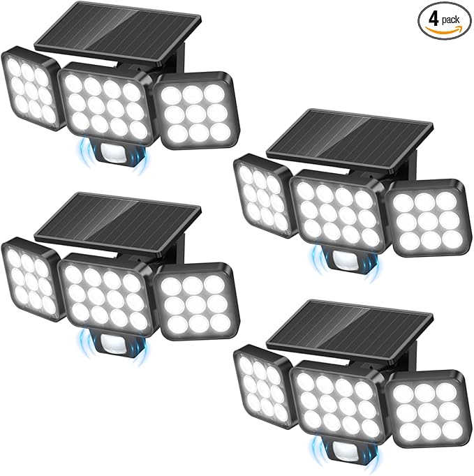 Solar Flood Light Outdoor 4 Pack, 3500LM Super Bright Motion Sensor Outdoor Lights, Solar Lights Outdoors Waterproof, Upgrade Glass Panel, 270° Wide Angle LED Security Spot Light for Outside Yard