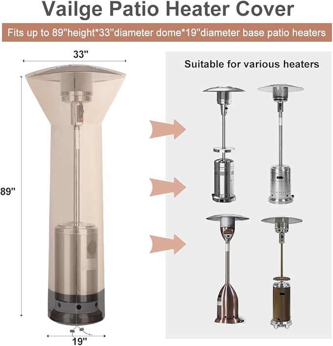 Vailge Patio Heater Covers with Zipper and Storage Bag,Heavy Duty 600D Oxford Waterproof Outdoor Heater Cover Wind-Resistant Dustproof UV-Resistant,Beige & Brown,89'' Height x 33" Dome x 19" Base