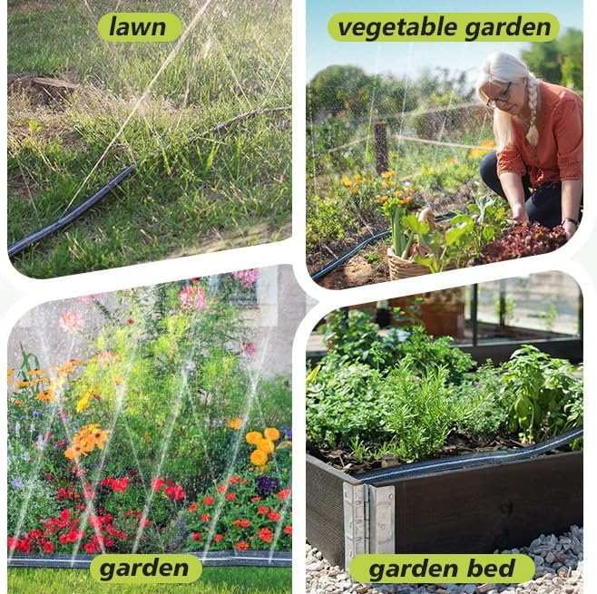 Sprinkler Hose with Holes, Flat Soaker Hose 100 Ft (25 ft 4pack) with Garden Staples and Splitters, Watering Drip Irrigation Hoses for Lawn, Vegetable and Garden Beds (100 ft)