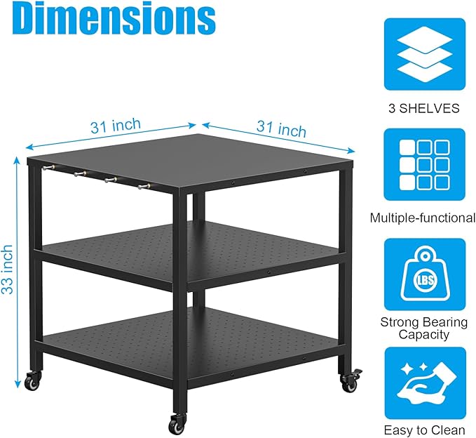 31x31x33 Inch Grill Cart for Outdoor Pizza Oven Table for Ooni, Blackstone, Ninja Grill Stand, Three-Shelf Movable Food Prep and Work Cart Station, Stainless Steel Trolley Table with Waterproof Cover