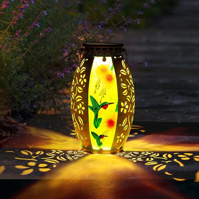 Hummingbird Solar Lanterns Outdoor Waterproof,Stained Glass & Metal Solar Lantern,Hanging Solar Lantern with Hollowed-Out Design,Hummingbird Tabletop Lamp Solar Lights for Yard Garden Patio