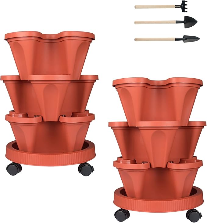 DUNCHATY Stackable Planters 3 Tier Vertical Garden Planting Tower Planters Strawberry, Herb, Flower, and Vegetable Planter Indoor Outdoor Gardening Pots with Removable Wheels and Tools, 2 Bundle