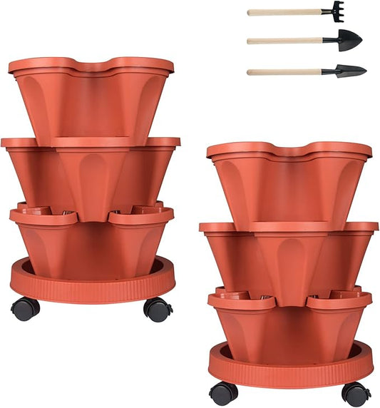 DUNCHATY Stackable Planters 3 Tier Vertical Garden Planting Tower Planters Strawberry, Herb, Flower, and Vegetable Planter Indoor Outdoor Gardening Pots with Removable Wheels and Tools, 2 Bundle