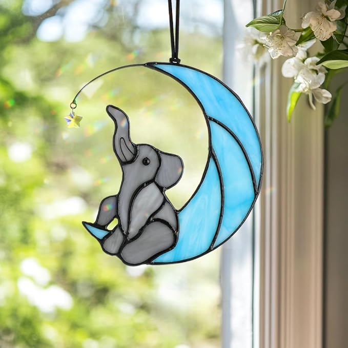 HDCRYSTALGIFTS Glass Elephant Ornament Stained Glass Window Hanging Decor, Modern Design Elephant on Moon with Star Collectibles Handcrafted Sun Catcher Gifts for Birthday Women