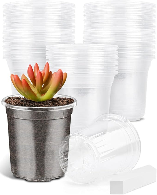 PACETAP 60Pack 3.5 Inch Reinforced Clear Nursery Pots with Drainage Holes, Variety Pack Plastic Plant Pots with 20 Plant Labels for Indoor Outdoor Flower Seed Starter