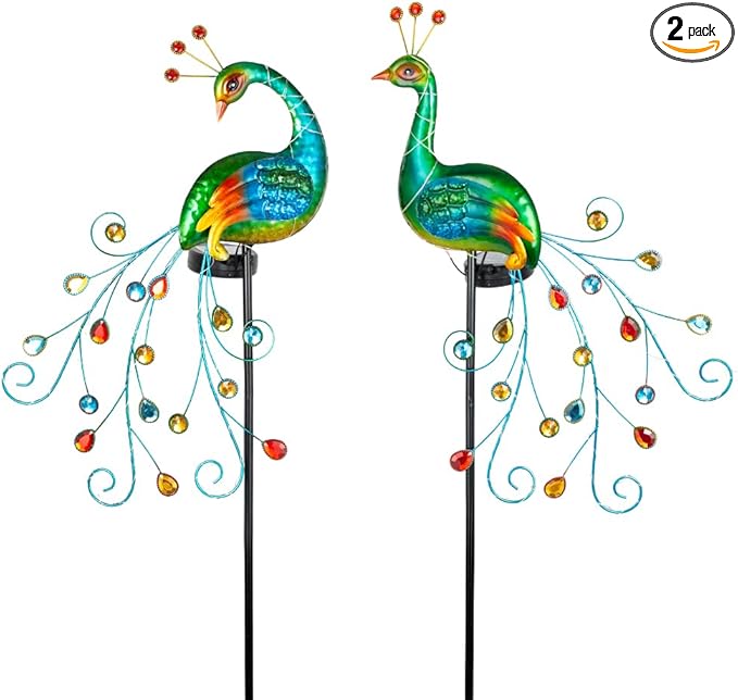 VEWOGARDEN 2 Pack Solar Stake Lights Outdoor Waterproof Metal Peacock Solar Lights for Yard Garden Patio Pathway Walkway, Green