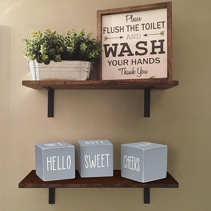 4-Sides Farmhouse Bathroom Decor for Shelves Counter, Funny Rustic Cute Wooden Restroom Guest Sign, Nice Butt&Get Naked&Hello Sweet Cheeks&Wash Your Hands, Grey 2.8"
