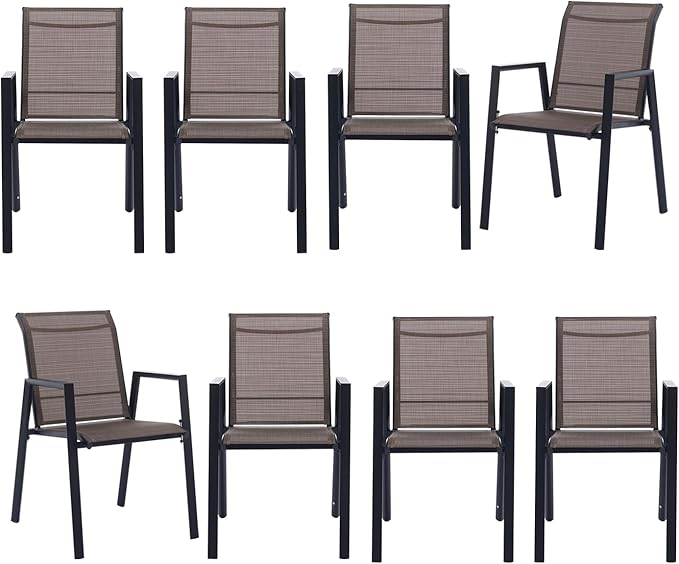 Outdoor Patio Chairs Set of 8, Mocha Stackable Outdoor Chairs, Lightweight Patio Set with High Back, Metal Dining Chair for Lawn, Garden, Yard and Deck