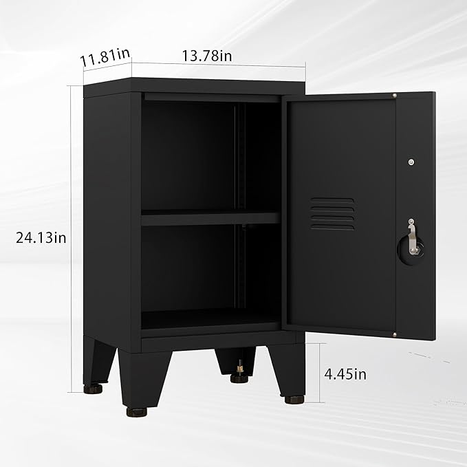 24.4" H Black Metal NightStand Locker Storage Cabinet with 1 Doors, File Cabinet with Shelves, Storage Cabinet with Adjustable Leveling Foot for Home Office Living Room or Bed Room