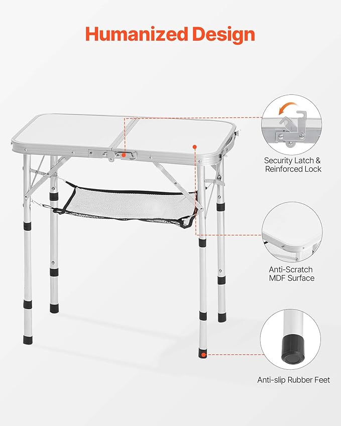 VEVOR Folding Camping Table, Portable Roll Up Side Tables, Lightweight Aluminum Beach Table with Adjustable Height, for Outdoor BBQ Tailgating Picnic, Travel (24 inch-Silver)