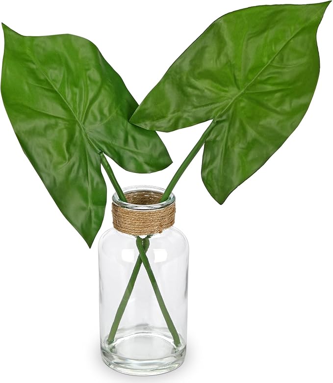 Fake Plants Faux Greenery Stems in Glass Vase with Faux Water, Realistic Silk Faux Plants Artificial Tropical Leaves for Home Bathroom Office Wedding Centerpiece Décor