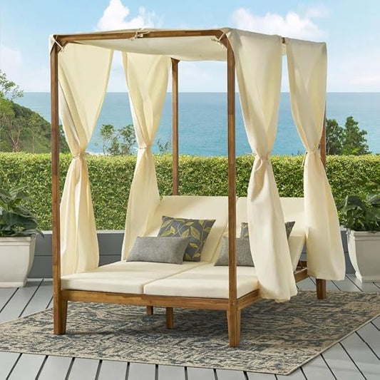 kevinplus Outdoor Patio Sunbed Daybed with Adjustable Reclining Chaise Lounge & Water-Resistant Canopy & Curtain, Solid Wood Construction, Cream White