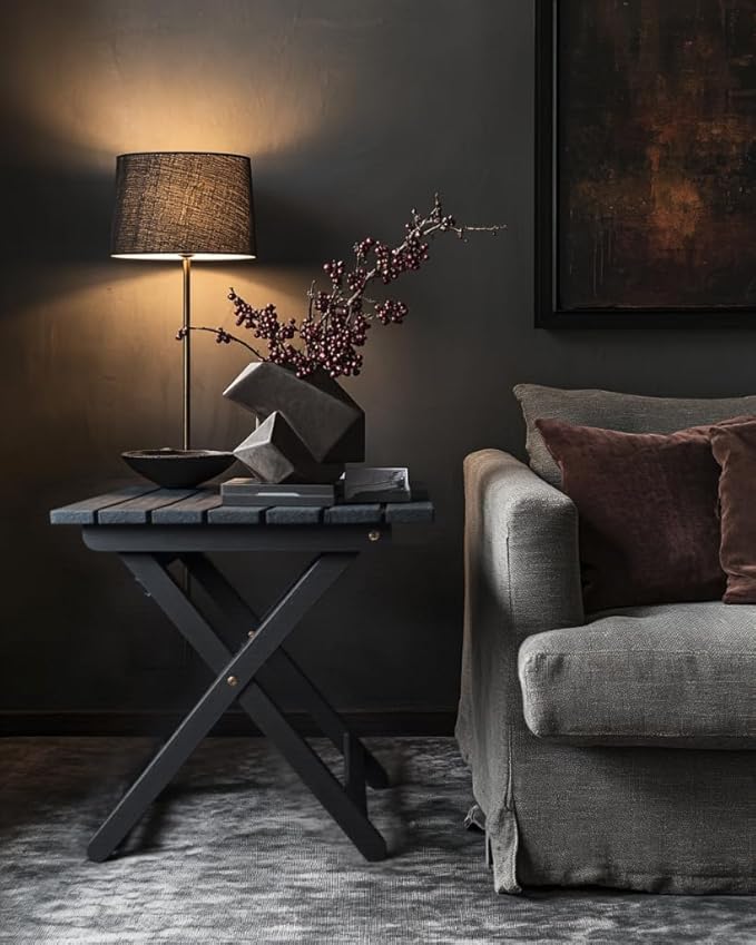 Outdoor Side Table, No Assembly Folding Wooden End Table for Outside or Indoor, Small Patio Tables for Camping, Pool, Bathroom, Backyard and Porch (Black)