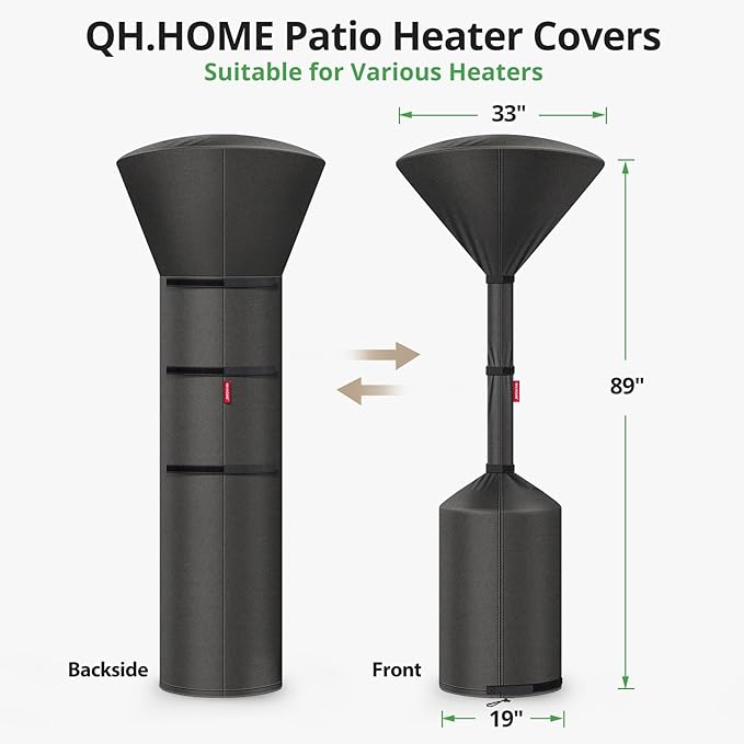 QH.HOME Winter Patio Heater Covers, [2025 Upgraded Tear-Resistant Fabric] Waterproof with Robust Zipper ,Height fit 87"-92",Dustproof/Wind/Sunlight/Snow-Resistant, Black