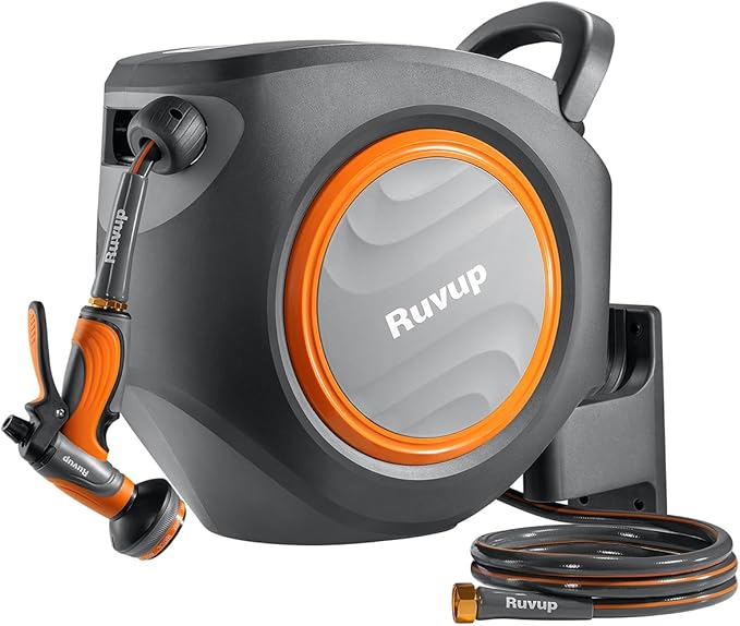 Ruvup Retractable Garden Hose Reel, 5/8in x 100ft Water Hose Reel with Metal Bracket, UV Resistant Automatic Hose Reel Wall Mount for Outside, Slow Retraction Any Length Lock 10 Spray Nozzle