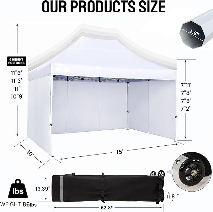 CROWN SHADES 10x15 Pop Up Canopy Tent, Thicken Frame Commercial Heavy Duty Tent, 4 Sidewalls 8 Stakes & 4 Sandbags & 4 Ropes, Outdoor Canopies for Events, Parties,White