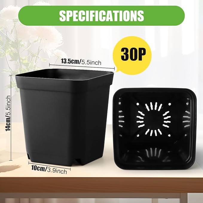 Square Nursery Pots 5.5 Inch, Plastic Plant Pot with Drainage Holes, Reusable Seedling Starter Pots Garden Flower Pots Planters for Indoor Plants, Transplanting, Succulents, Cuttings