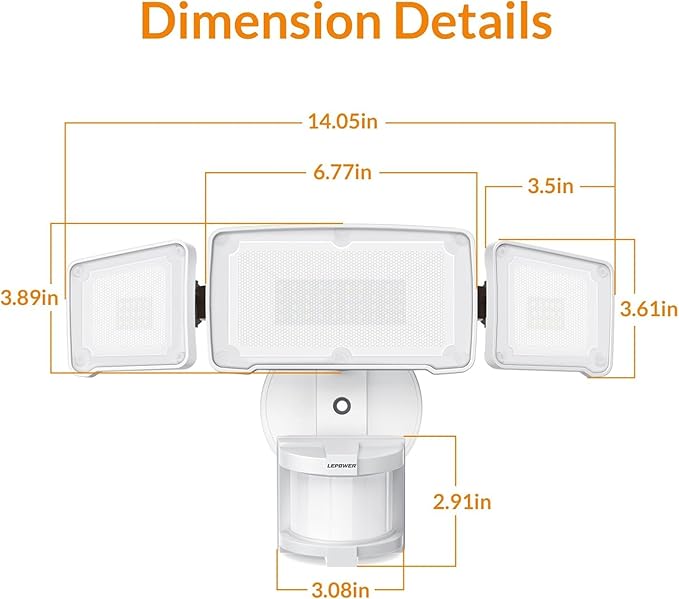LEPOWER LED Security Lights Motion Sensor Light Outdoor, 38W 4200LM Light, 5500K, IP65 Waterproof, 3 Head Detected Flood Light for Garage, Yard, Porch (White)