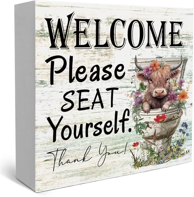 Funny Highland Cow Please Seat Yourself Bathroom Home Décor Sign Farmhouse Bathroom Signs Decor Rustic Wood Plaque Decor for Home Restroom Shelf