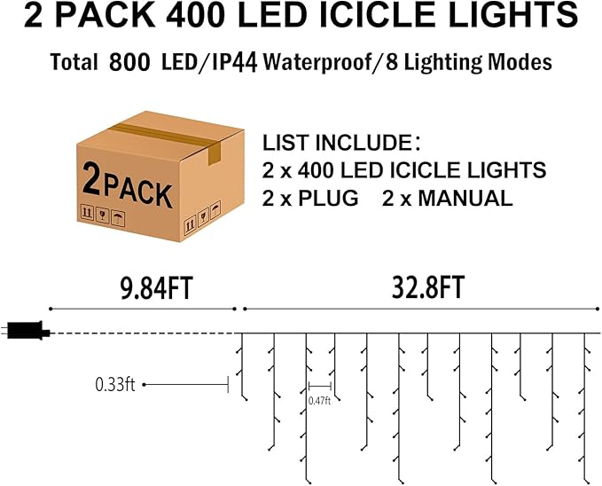 Hezbjiti 2Pack Total 800LED Ice Lights 32.8FT Christmas Lights String Lights Outdoor Decoration 8 Modes 75 Drops Fairy Lights for Eaves Party Yard Garden Xmas Decor