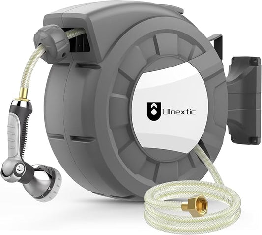 Retractable Garden Hose Reel,1/2 in x 50 ft Wall Mounted Hose Reel,10-Pattern Spray Nozzle, Any Length Lock/Slow Return System/Wall Mounted/180°Swivel Bracket