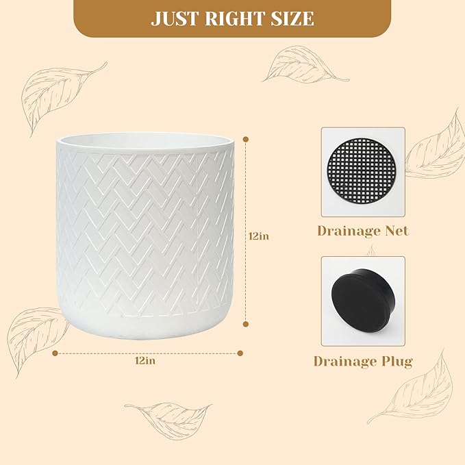 12 Inch Flower Pot Without Bracket with Drainage Holes Suitable for Indoor and Outdoor Decorative Planting (White Rectangle, 12 Inches)