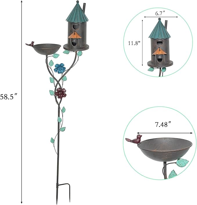 58” H Bird Baths for Outdoors, Metal Bird Bath and Bird House 2-in-1 Design, Birdbath and Bird Houses with Pole for Outside Garden Yard Decor