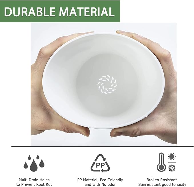 7 Inch Plant Pots Bulk, 6 Pack Plastic Planters with Drainage Holes and Saucers for Indoor Outdoor House Plants and Flowers, White